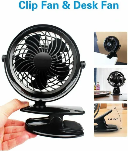 Vista 2 de Gazeled Ventilador de clip a batería, rotación de 360°, con 8 pilas AA gratis, ventilador silencioso USB o a batería, ventilador de clip portátil