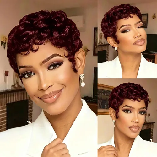 Vista 8 de YJOQOKOA Peluca corta de cabello humano estilo Bob para mujeres negras, pelucas de cabello humano con corte Pixie, sin pegamento, sin encaje X312 1B#