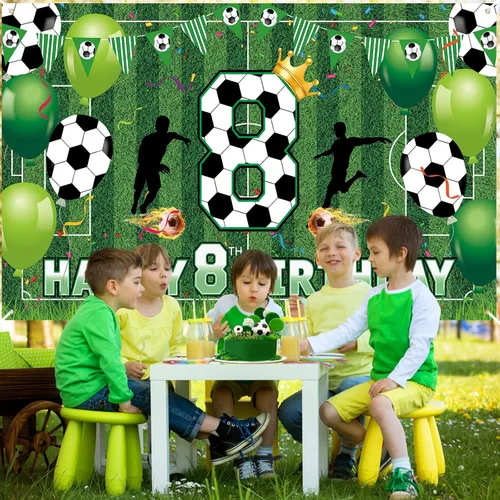 Vista 5 de Decoraciones de fiesta de 8 cumpleaños de fútbol – Cartel de feliz cumpleaños para niños, niños, adolescentes – Suministros grandes para fiestas