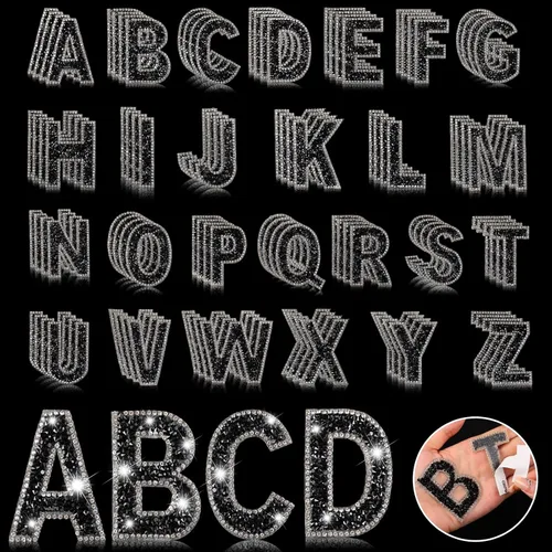 Vista 8 de Yinder 26 piezas de pegatinas de letras con purpurina y diamantes de imitación, diamantes de imitación para planchar, letras autoadhesivas A-Z Negro