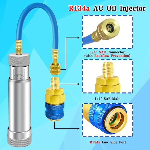 Vista 3 de Inyector de aceite de CA para R1234YF, R134A, R410A, inyector de aceite de tinte HVAC con conector SAE de 1/4", herramienta de inyector de aceite