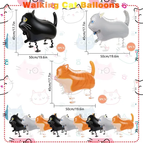 Vista 2 de 9 globos de gato que camina, globos de Mylar con 3 cintas, globos largos de papel de aluminio para decoración de fiestas temáticas de gatos