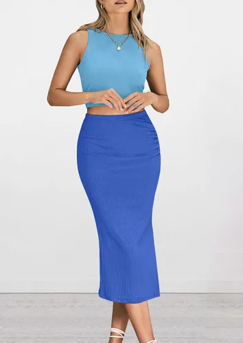 Vista 3 de PRETTYGARDEN Conjunto de 2 piezas de verano para mujer, cuello redondo, sin mangas, con abertura, falda midi