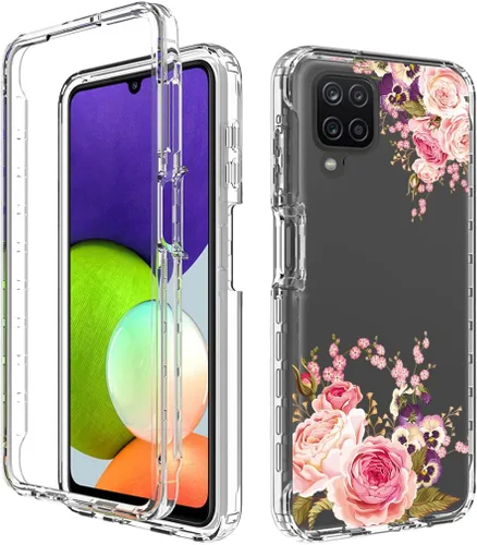 Vista 6 de Funda para Samsung Galaxy A22 4G/M32 4G SM-A225F con protector de pantalla de vidrio templado, cuerpo completo transparente con diseño floral, Flor