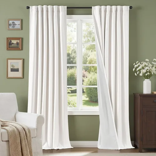 Vista 15 de Cortinas opacas completas de 63 pulgadas de largo para dormitorio, cortinas texturizadas de lino beige con forro con aislamiento térmico, cortinas
