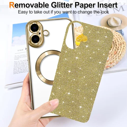 Vista 2 de Hython para iPhone 16 Funda con chispas brillantes, Fundas magnéticas transparentes con protector de lente de cámara [Compatible con MagSafe]