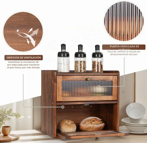 Vista 5 de Sunhoo Panera para encimera de cocina, contenedor de almacenamiento de pan de madera, contenedor de almacenamiento de pan de 2 capas, soporte