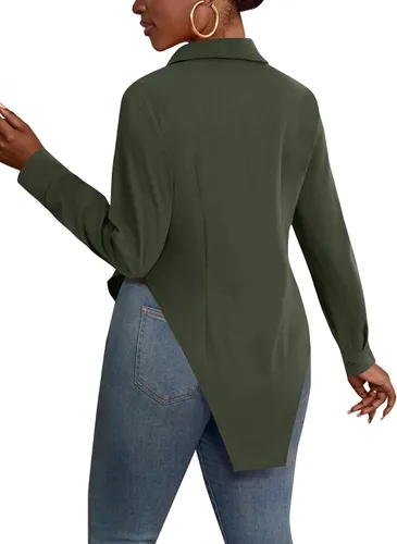 Vista 6 de OPOIPIN Blusa de manga larga con cuello en V para mujer, con botones, dobladillo con abertura