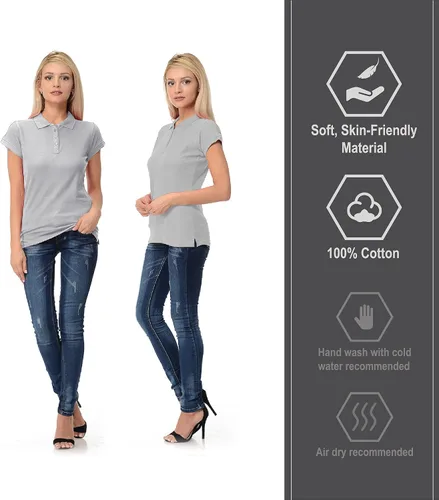 Vista 5 de FRESH TEE Polo de manga corta para mujer 100% algodón ajustado para mujer (EE.UU., Alpha, S, regular, regular, gris mezcla), Gris Melange, Pequeña