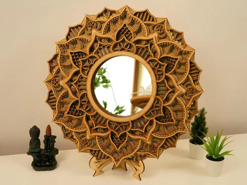 Vista 6 de BHDecor Espejo para decoración de pared para el hogar, marco tallado con corte láser, elegante mandala de madera para colgar, paneles de MDF
