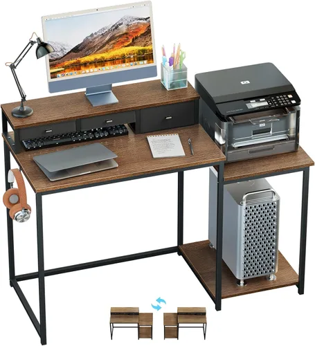 Vista 10 de SINPAID Escritorio para computadora de 47 pulgadas con estante para impresora, escritorio de juegos con soporte para monitor y cajones, escritorio
