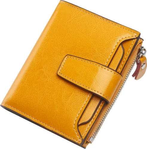 Vista 53 de Lavemi Pequeña cartera compacta para mujer, con bloqueo RFID, de piel auténtica, plegable, con ventanas de identificación
