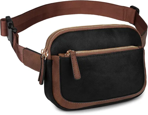 Vista 2 de Uromee Riñoneras para mujer Everywhere bolsa cruzada con correa ajustable de cuero vegano, negro con café, Casual