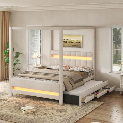 Vista 17 de Wood Canopy Platform Bed Full with Headboard, Trundle and 3 Drawers Negro-8.1