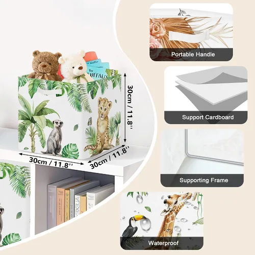 Vista 2 de Clastyle Juego de organizador de animales de la selva para niños, diseño de hojas tropicales, palmeras, jirafa, armario, ropa, cubo