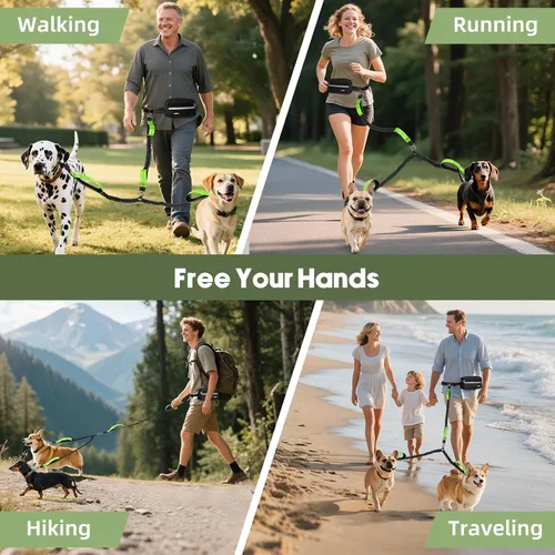 Vista 8 de VavoPaw Correa de perro manos libres para 2 perros con bolsa, correa de cintura para pasear perros, correas retráctiles con asas acolchadas dobles