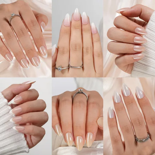 Vista 7 de Misssix Uñas postizas a presión de punta francesa, uñas postizas cortas ovaladas a presión con pegamento de uñas, 30 uñas adhesivas en 15 tamaños