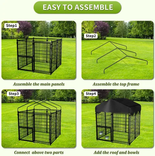 Vista 8 de Perrera resistente para perros al aire libre, perreras cubiertas exteriores con techo, 4 x 4.2 x 4.5 pies, puerta de comedero ajustable para perros