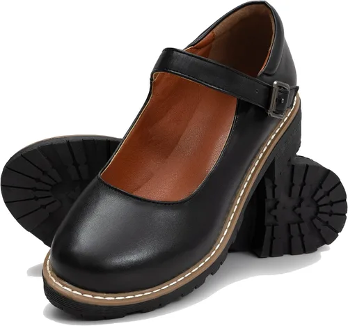 Vista 5 de Zapatos Oxford Mary Janes de cuero para mujer, zapatos planos gruesos y bajos de plataforma de costura retro clásicos con correa de tobillo