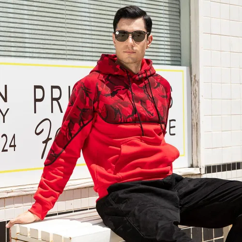 Vista 2 de Sudadera con capucha ligera de manga larga de camuflaje para hombre con bolsillo Kanga