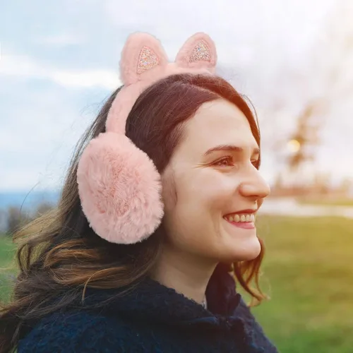 Vista 3 de Pop Your Dream Linda orejera de gato para niños, niñas, suave felpa brillante, calentadores de orejas de invierno, fundas ajustables para exteriores