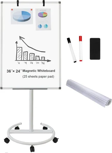 Vista 8 de BIBOC Pizarra blanca móvil grande de borrado en seco de 32 x 48 pulgadas con soporte rodante, pizarra blanca ajustable de altura de doble cara