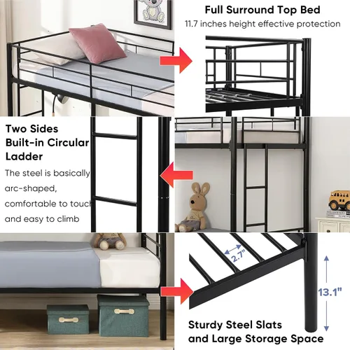 Vista 5 de Litera de metal individual sobre cama individual para niños, niñas, adolescentes y adultos, base de cama de tamaño individual con barandilla