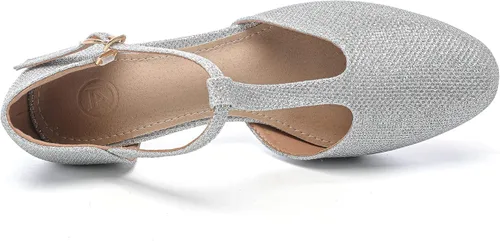 Vista 5 de DADAWEN Zapatos de tacón bajo con hebilla en T y punta cerrada para mujer, para fiesta, boda, vestido de novia
