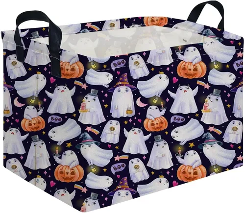 Vista 12 de Cesta rectangular de Halloween para gatos, cestas vacías de Halloween, cesta de truco o trato para niños y niñas, cestas de estantería, papelera