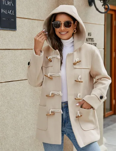 Vista 3 de PAODIKUAI Abrigo de lana con capucha para mujer, abrigo de lana casual, abrigo de invierno