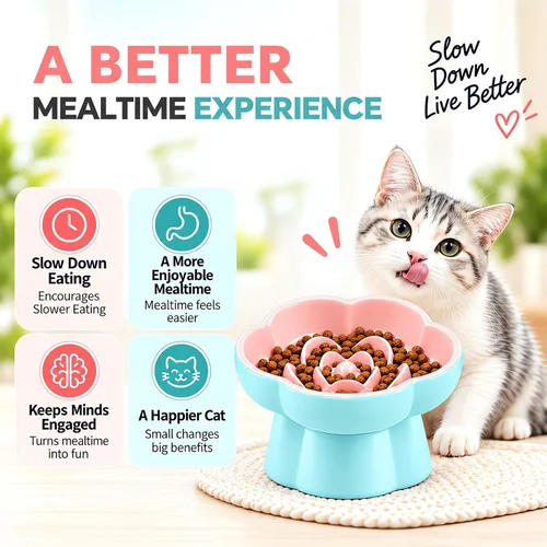 Vista 6 de Raised Slow Feeder Cat Bowl,Ceramic Elevated and Titled Cat Bowl Blue/Pink