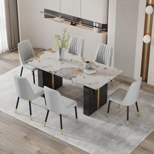 Vista 14 de Mesa de comedor moderna para mesa de comedor de mármol sintético blanco de 6, 8, 71 pulgadas, con patas negras y doradas, mesa de cocina rectangular