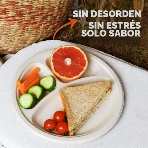 Vista 2 de Platos de papel compostables de 3 compartimentos, 125 unidades, 10 pulgadas, bandejas divididas desechables resistentes para el almuerzo, platos