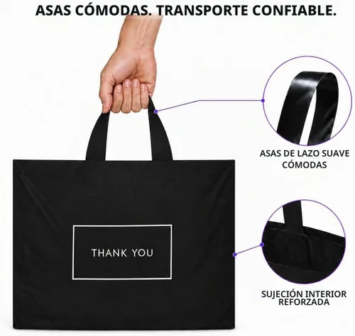 Vista 4 de Purple Q Crafts Bolsas de agradecimiento para negocios, bolsas de plástico negras, paquete de 50 con asa de bucle suave