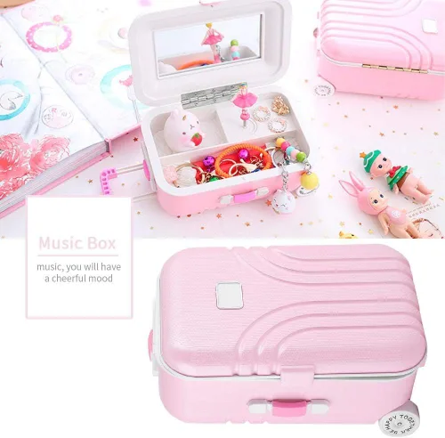 Vista 2 de Walfront Caja de almacenamiento de joyas musicales para niña caja de música con diseño de maleta bonita maleta rosa modelo de joyería regalo