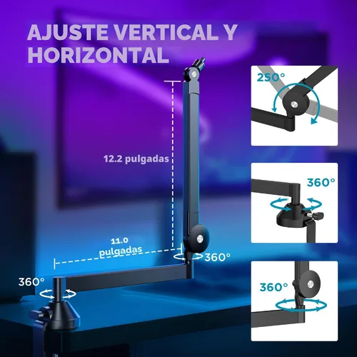 Vista 3 de InnoGear Brazo de micrófono de perfil bajo, brazo articulado de micrófono giratorio de 360°, soporte de micrófono para Fifine AM8 K669B Blue Yeti
