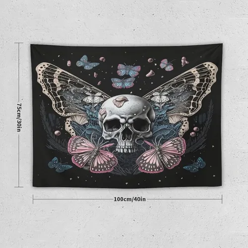 Vista 5 de Naykow Tapiz de calavera y mariposa, tapiz rosa trippy negro, tapiz de bruja gótica para dormitorio, decoración de habitación hippie de mariposa