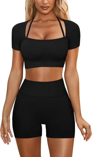 Vista 5 de Meyeeka Conjuntos de entrenamiento para mujer con tirantes halter, brasier deportivo de cintura alta, pantalones cortos de yoga, 2 piezas, sin