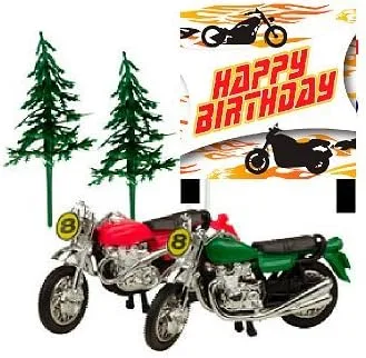 Vista 3 de Decoración para tartas de motocicleta con árboles y placa de feliz cumpleaños