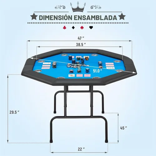 Vista 2 de ECOTOUGE - Mesa de póquer octagonal plegable, mesa de póquer Texas Holdem, color azul