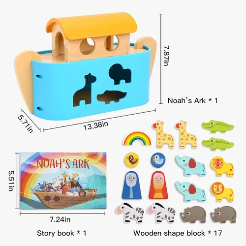 Vista 5 de TOOKYLAND - Juguetes del Arca de Noé para niños pequeños, juguetes clasificadores de forma de animales de madera, regalos de bautismo para niños