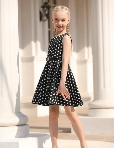 Vista 4 de Funnycokid Vestidos de los años 50 para niñas, vestido retro vintage, sin mangas, traje de fiesta con cinturón para niños de 6 a 13 años
