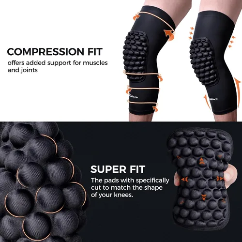 Vista 3 de COOLOMG paquete de 2 (1 par) de rodilleras con almohadillas de EVA para niños y adultos a prueba de golpes para baloncesto, rodilla de manga larga