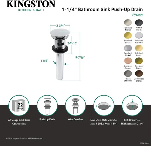 Vista 3 de Kingston EV6003 - Drenaje emergente con orificio de desbordamiento, latón antiguo
