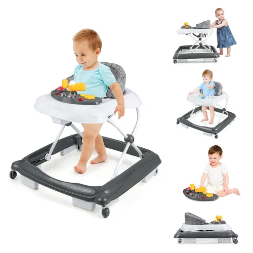 Vista 10 de BABY JOY Andador de bebé, caminador de actividad plegable 4 en 1 con altura ajustable, música, luces, caminador de empuje antivuelco para niños