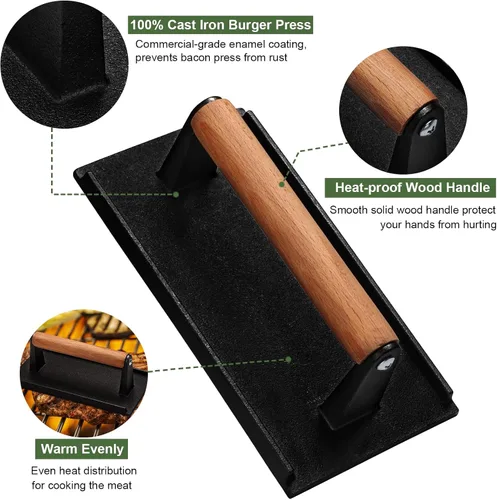 Vista 2 de Prensa de hamburguesas, redonda de 7" y rectangular de 8.2"X4.3", prensa de tocino para aplastar de hierro fundido resistente para carne y bistec
