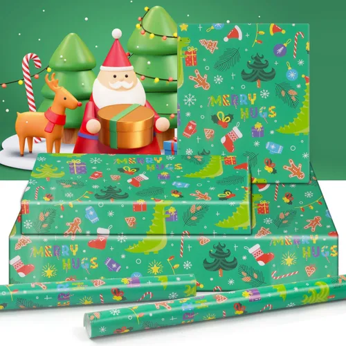 Vista 3 de NEPOG Papel de regalo de Navidad con sombreros de Papá Noel, 6 hojas plegadas planas de 20 x 28 pulgadas por hoja, papel de regalo de dinosaurio
