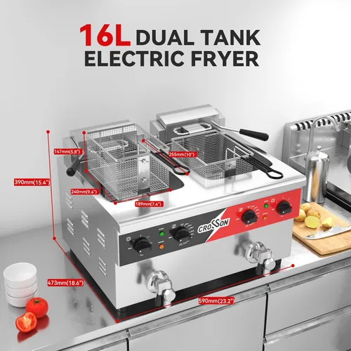 Vista 6 de CROSSON Freidora eléctrica de mostrador de doble tanque de 16L con "Swing-up and Hold", válvula de drenaje, tanque de aceite de formación por