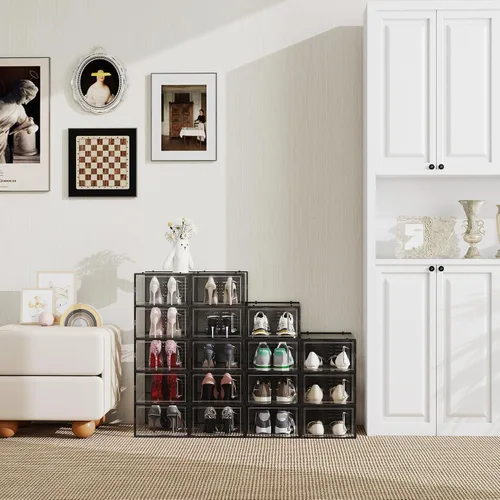 Vista 6 de SEE SPRING Cajas de almacenamiento de zapatos, organizador de zapatos apilable de plástico blanco para armario, zapatero y soporte para tenis, Negro