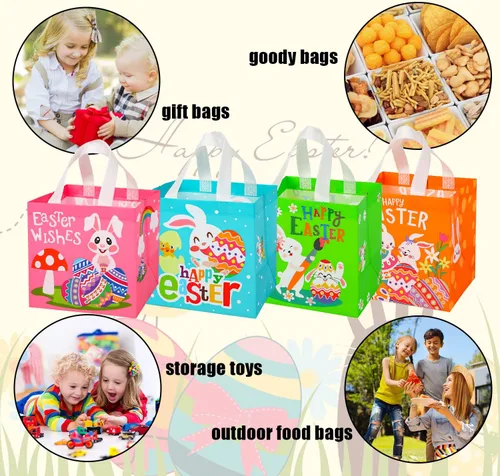 Vista 3 de SULOLI Bolsas de regalo de Pascua, bolsas de compras no tejidas de Pascua con asas para fiestas de vacaciones (paquete de 8), Verde, naranja, rosa